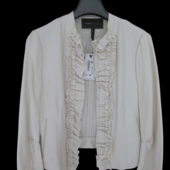 * RARE ~ BCBGMAXAZRIA White Twill Ruffle Jacket SIZE XS/S - Picture 2 of 5
